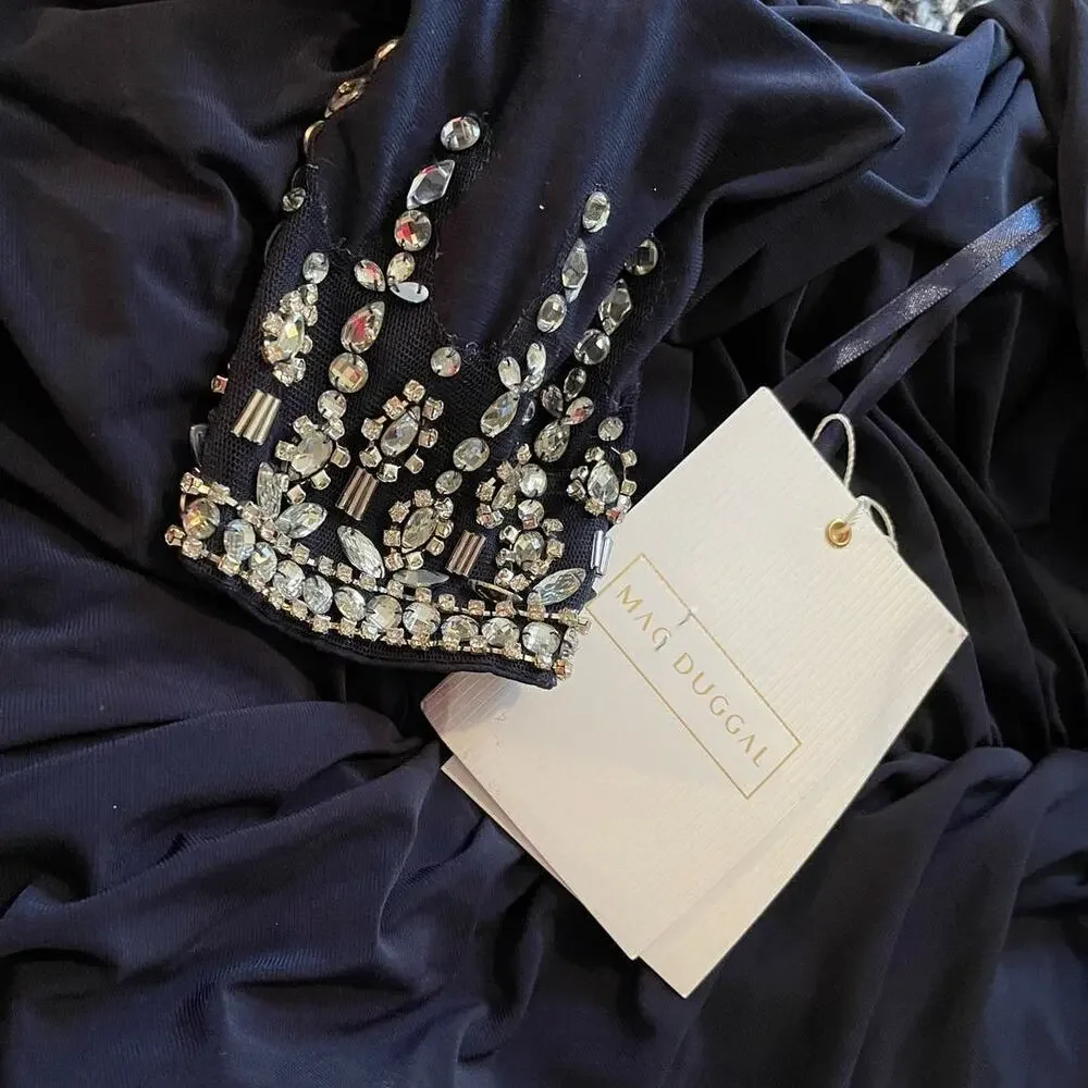 Mac Duggal NEW Size 12 Blue Beaded Cuff Drop Shoulder Faux Wrap Gown 12231 - Picture 8 of 10